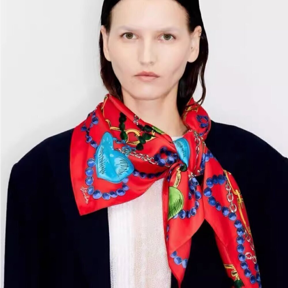 Bimba y Lola Silk Scarf Heart Chain Red Statement Square - Picture 3 of 4